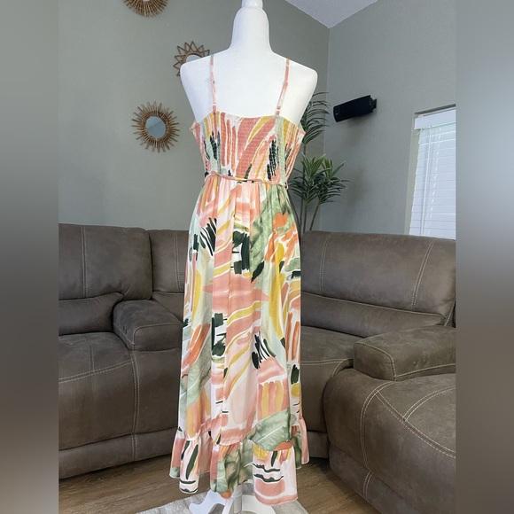 NEW Watercolor Spaghetti Strap Summer Midi Dress Sz M Chic Feminine Date Night - Picture 6 of 12